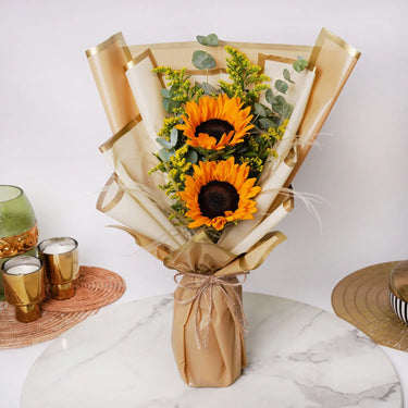 Bouquet of Sunshine, Radiant Flowers Collection, Sunflowers, Solidago, Eucalyptus Leaves, Green Foliage, Brown Paper, Natural Rope